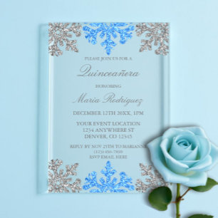 Invitations En Acrylique Flocon de neige bleu argenté Quinceanera d'hiver
