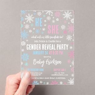 Invitations En Acrylique Flocon de neige bleu rose Il ou Elle Hiver Genre R