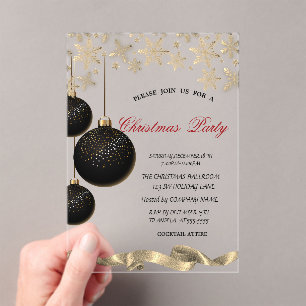 Invitations En Acrylique Flocons de Neige Brillants Boules Noires Noël d'En