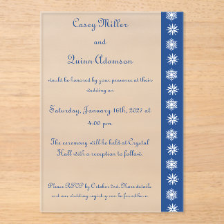 Invitations En Acrylique Flocons de neige d'hiver en acrylique bleu mariage