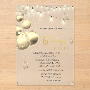 Invitations En Acrylique Flocons de Neige Dorés, Boules, Lumières Bleu Noël