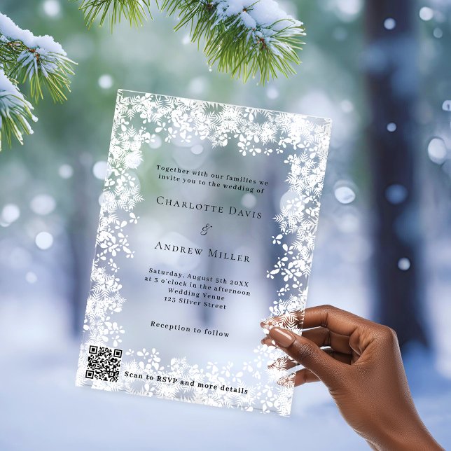 Invitations En Acrylique Flocons de neige mariage QR code RSVP clair hiver (Créateur téléchargé)
