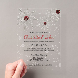 Invitations En Acrylique Flocons de neige Rouge argent Mariage d'hiver