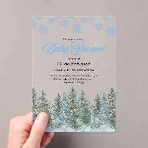 Invitations En Acrylique Flocons de neige Sapins Fête de bébé d'hiver