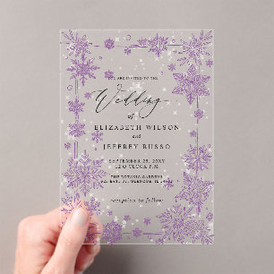 Invitations En Acrylique Flocons de neige violets élégants Mariage d'hiver