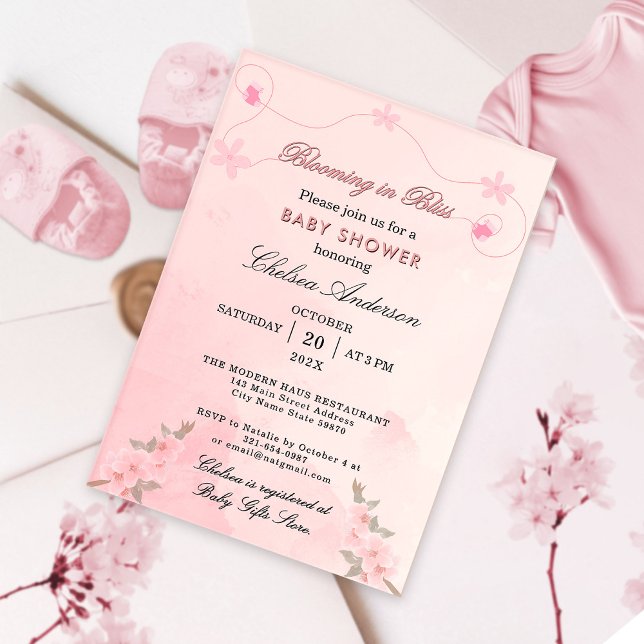 Invitations En Acrylique Floraison moderne dans le Baby shower rose pâle Bl (Créateur téléchargé)