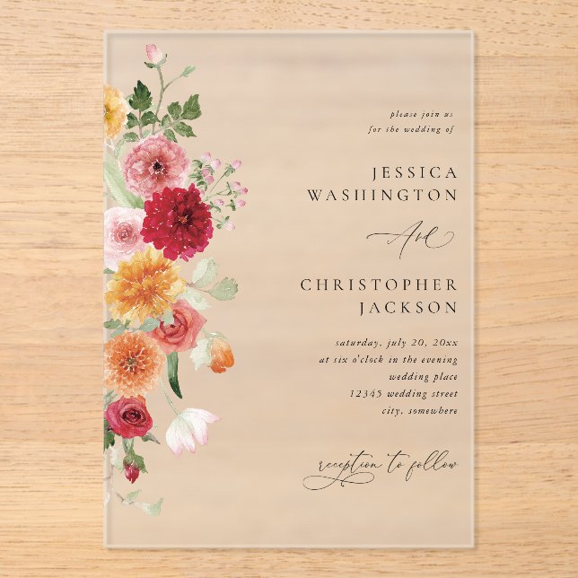 Invitations En Acrylique Floral à plusieurs couleurs d'été (Recto)