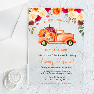 Invitations En Acrylique Floral Automne Citrouille Baby shower de camion