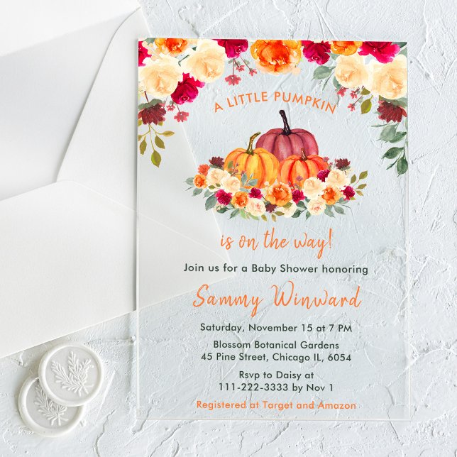 Invitations En Acrylique Floral Automne Orange Baby shower Citrouille (Créateur téléchargé)