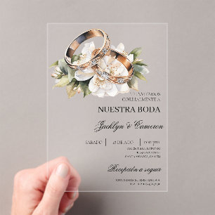 Invitations En Acrylique Floral blanc avec anneau Mariage espagnol acryliqu