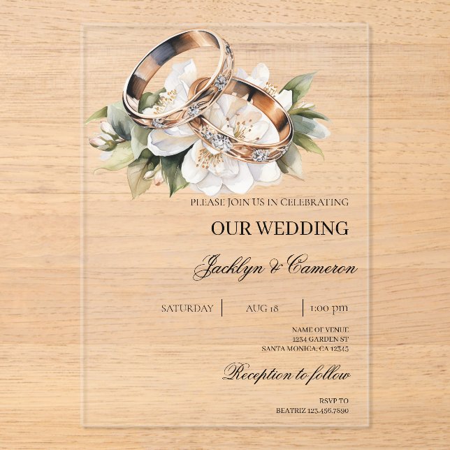 Invitations En Acrylique Floral blanc avec Mariage anneau (Recto)