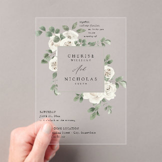 Invitations En Acrylique Floral blanc et Mariage d'Eucalyptus V2