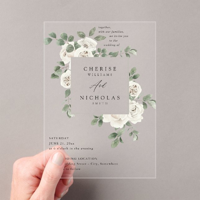 Invitations En Acrylique Floral blanc et Mariage d'Eucalyptus V2 (In situ (ordinateur de poche))