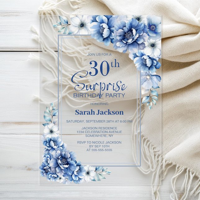 Invitations En Acrylique Floral bleu moderne Surprise 30ème anniversaire (Créateur téléchargé)
