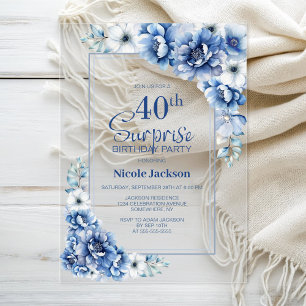Invitations En Acrylique Floral bleu moderne Surprise 40e anniversaire