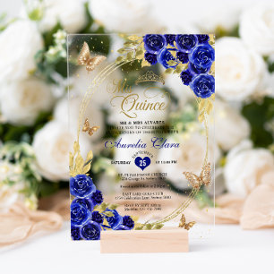 Invitations En Acrylique Floral Bleu Or Tiara Butterfly Mis Quinceañera