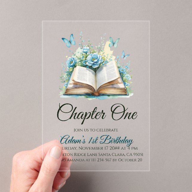 Invitations En Acrylique Floral Blue Book Boy Chapitre Un 1er anniversaire (In situ (ordinateur de poche))
