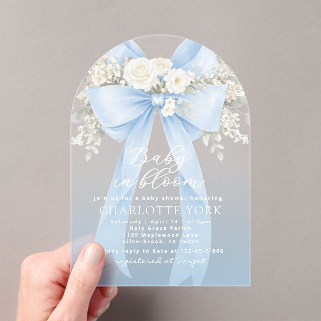 Invitations En Acrylique Floral Blue Bow Baby in Bloom Boy Baby Shower (In situ (ordinateur de poche))