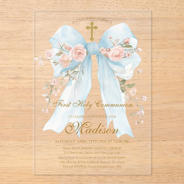 Invitations En Acrylique Floral Blue Bow First Holy Communion Girl (Recto)