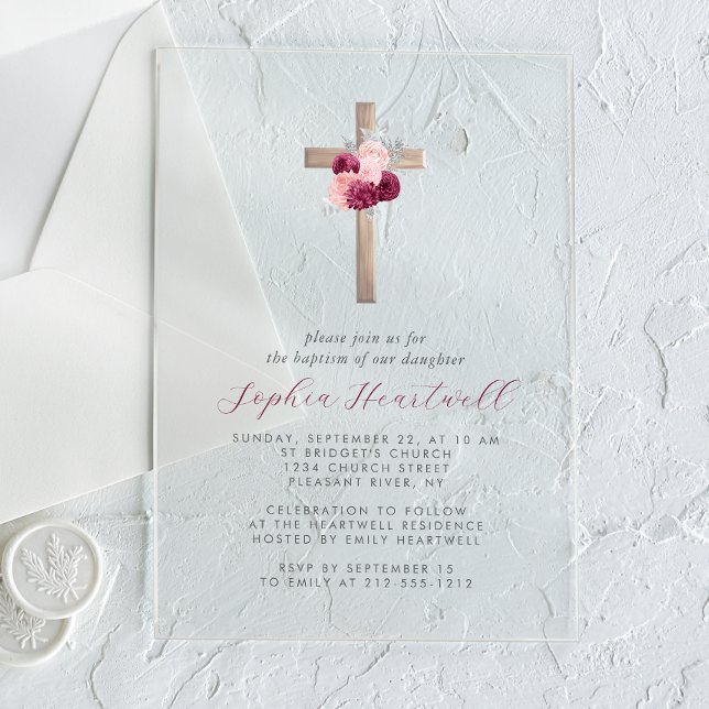 Invitations En Acrylique Floral Burgundy Blush Silver Cross Girl Baptism (Créateur téléchargé)