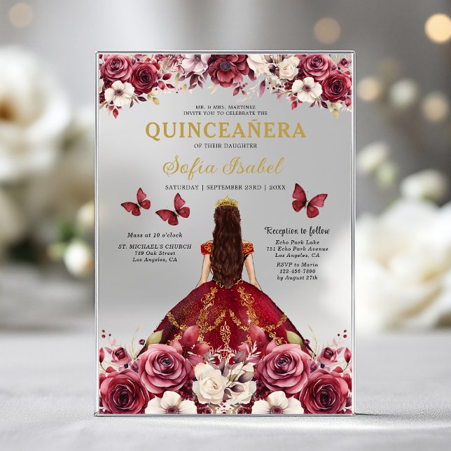 Invitations En Acrylique Floral Burgundy Butterfly Princess Quinceanera (Créateur téléchargé)