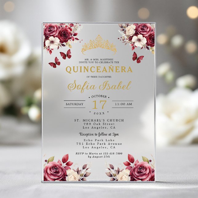 Invitations En Acrylique Floral Burgundy Butterfly Princess Quinceanera (Créateur téléchargé)