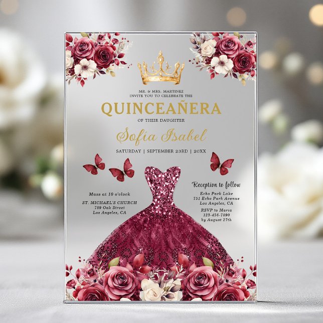 Invitations En Acrylique Floral Burgundy Butterfly Princess Quinceanera (Créateur téléchargé)