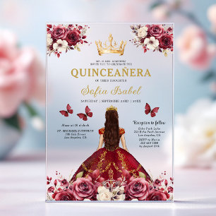 Invitations En Acrylique Floral Burgundy Butterfly Princess Quinceanera
