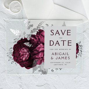 Invitations En Acrylique Floral Burgundy Mariage en argent Enregistrer la d