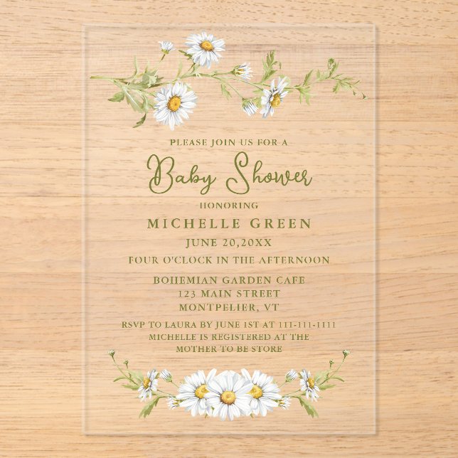 Invitations En Acrylique Floral Daisy Garden Botanical Baby Shower (Recto)