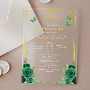 Invitations En Acrylique Floral Emerald Green Butterfly Quinceanera