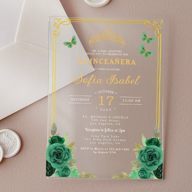 Invitations En Acrylique Floral Emerald Green Butterfly Quinceanera (Créateur téléchargé)