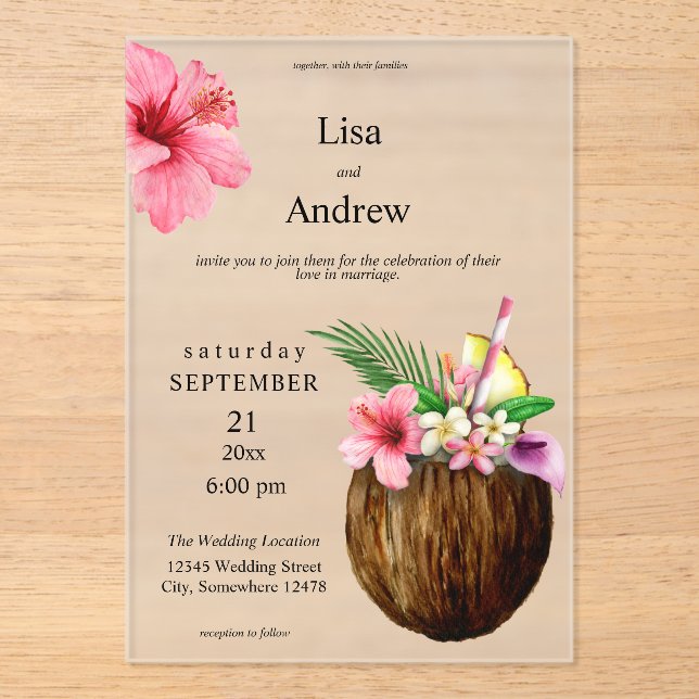 Invitations En Acrylique Floral hawaïen tropical et Mariage de noix de coco (Recto)
