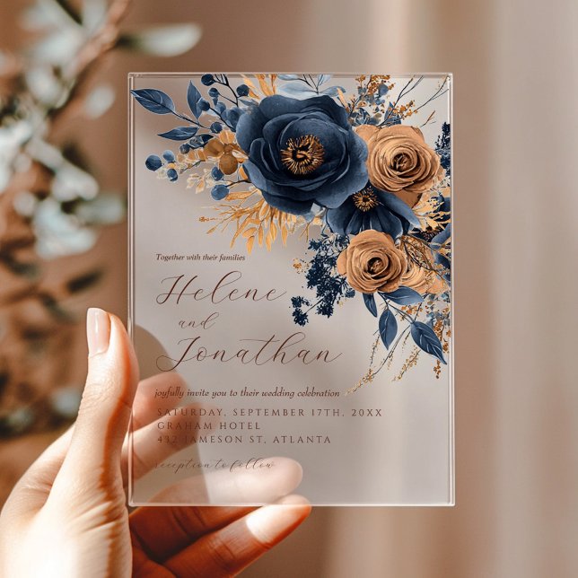 Invitations En Acrylique Floral Navy Blue Terracotta rouille Mariage élégan (Floral Navy Blue Terracotta Rust Elegant Wedding Acrylic Invitations)