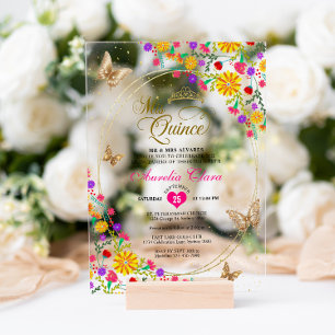 Invitations En Acrylique Floral Noir Tiara Butterfly Mis Quinceañera