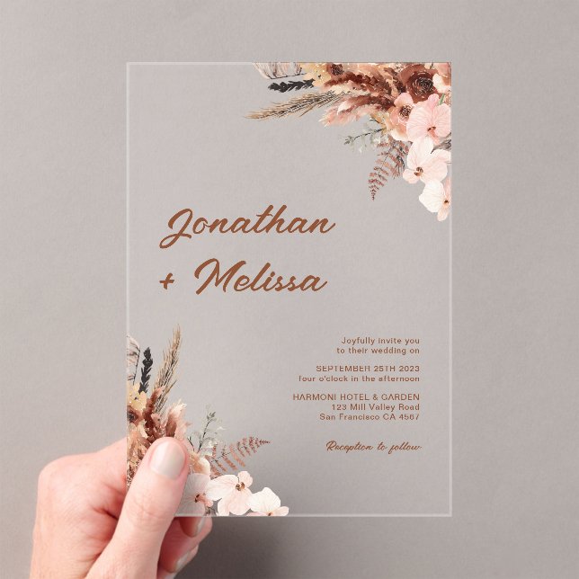 Invitations En Acrylique Floral Pampas Rustique Terracotta Script Mariage (In situ (ordinateur de poche))