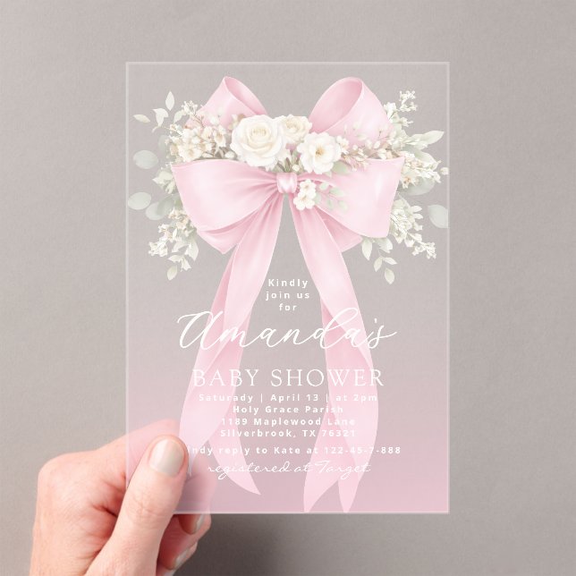 Invitations En Acrylique Floral Pink Bow Baby in Bloom Baby Shower (In situ (ordinateur de poche))