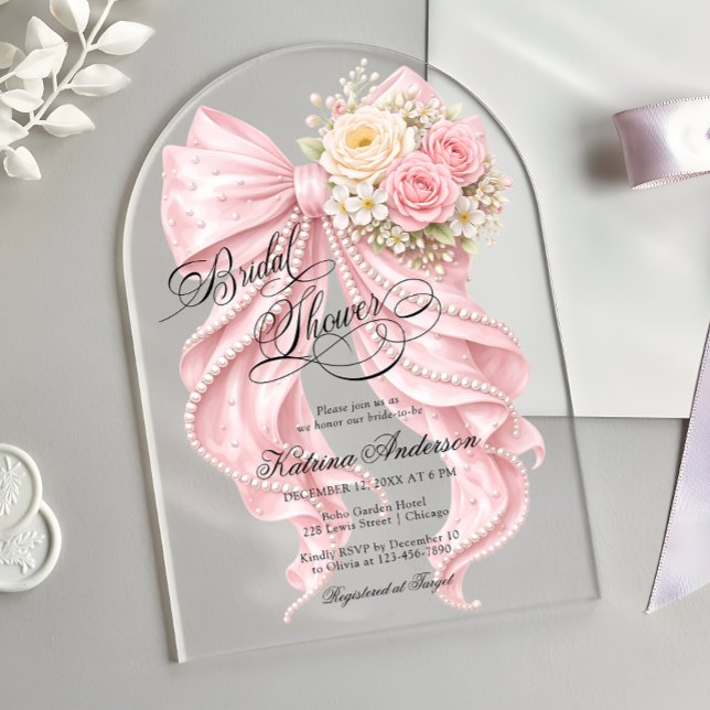 Invitations En Acrylique Floral Pink Bow Elegant Bridal Shower  (Créateur téléchargé)