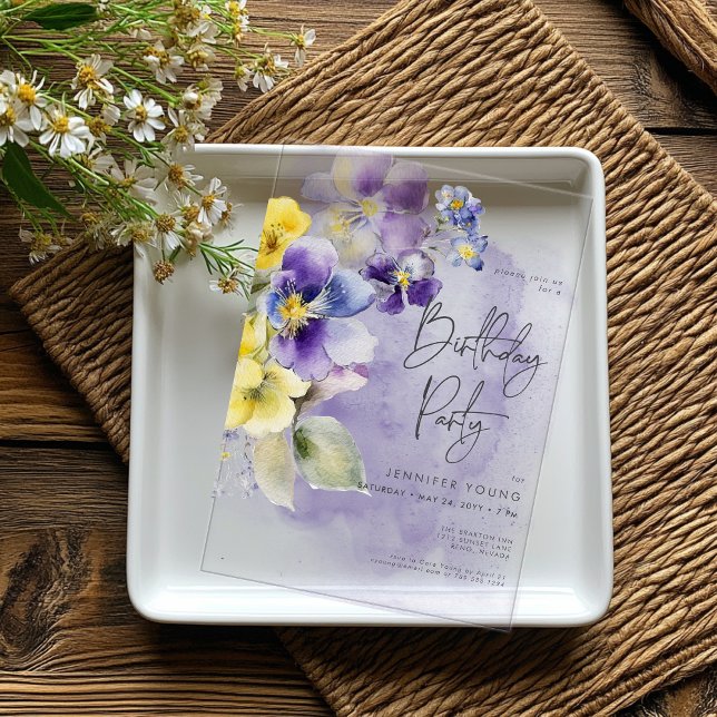 Invitations En Acrylique Floral pourpre et jaune Anniversaire moderne (Purple & Yellow Floral Modern Birthday Acrylic Invitations)