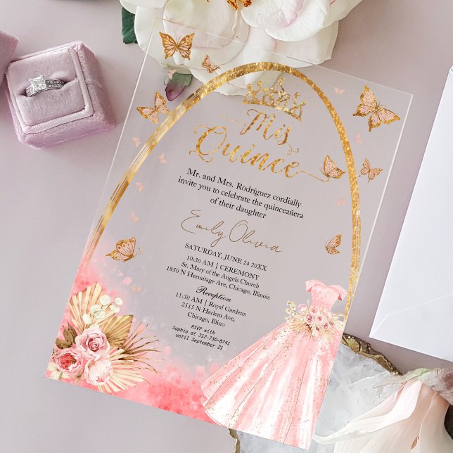 Invitations En Acrylique Floral rose Blush Gown Quinceanera (Créateur téléchargé)