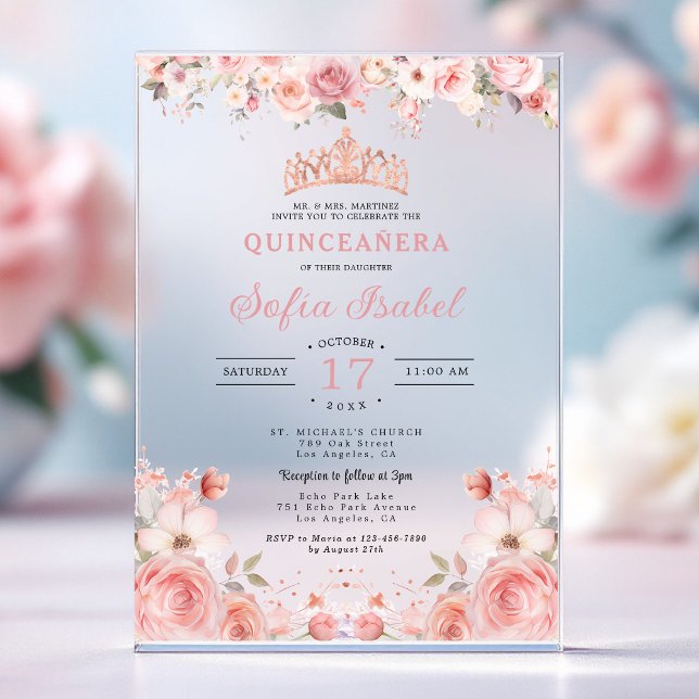 Invitations En Acrylique Floral rose rose pâle Quinceañera (Créateur téléchargé)