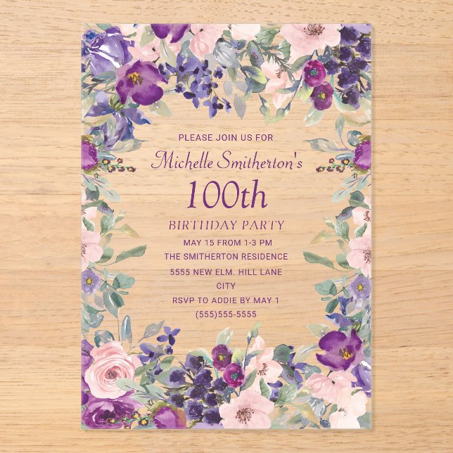 Invitations En Acrylique Floral rose violet 100e anniversaire (Recto)