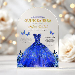 Invitations En Acrylique Floral Royal Blue Butterfly Princess Quinceanera