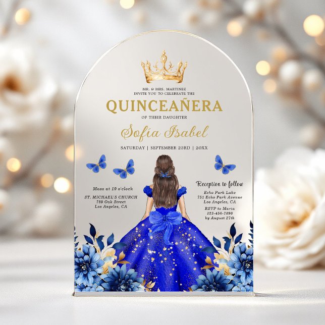 Invitations En Acrylique Floral Royal Blue Butterfly Princess Quinceanera (Créateur téléchargé)