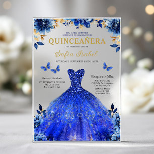 Invitations En Acrylique Floral Royal Blue Butterfly Princess Quinceanera