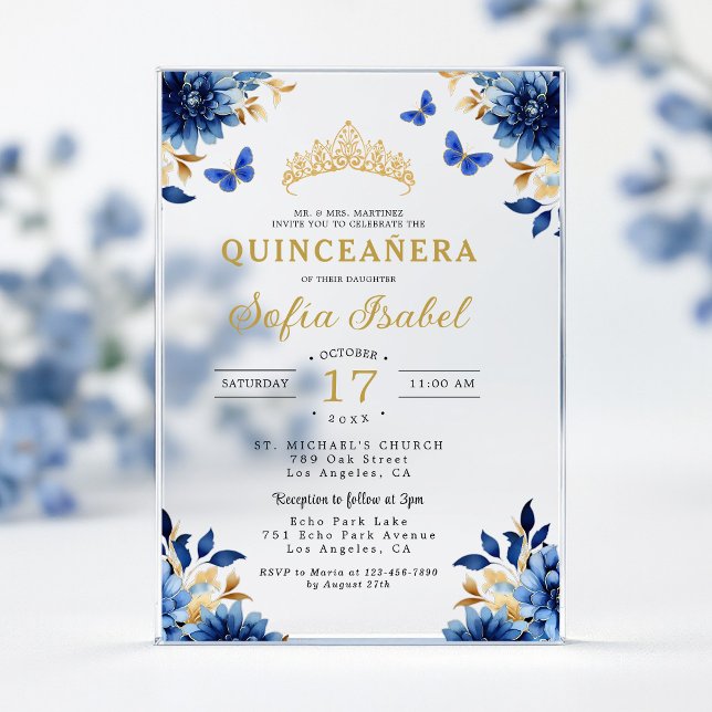Invitations En Acrylique Floral Royal Blue Butterfly Princess Quinceanera (Créateur téléchargé)