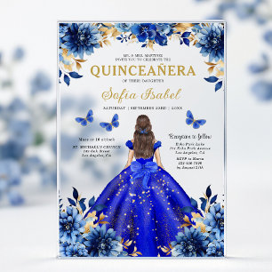 Invitations En Acrylique Floral Royal Blue Butterfly Princess Quinceanera