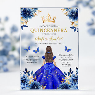 Invitations En Acrylique Floral Royal Blue Butterfly Princess Quinceanera