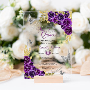 Invitations En Acrylique Floral violet argent Tiara Butterfly Quinceañera