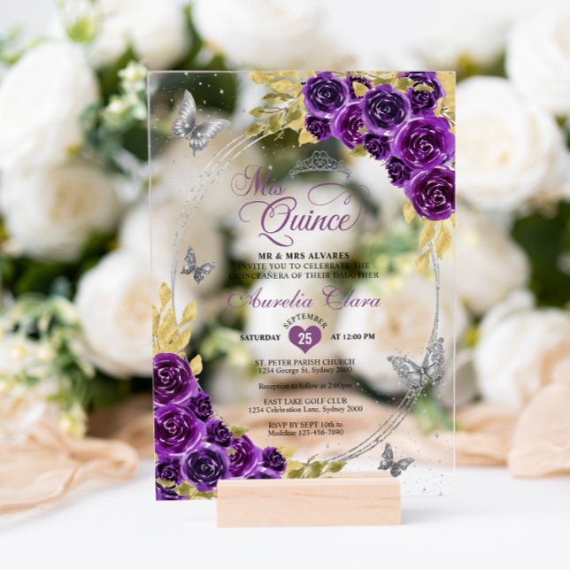 Invitations En Acrylique Floral violet argent Tiara Butterfly Quinceañera (Créateur téléchargé)